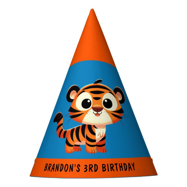 Custom Tiger Blue Orange Boy 3rd Birthday Party Party Hat (Front)
