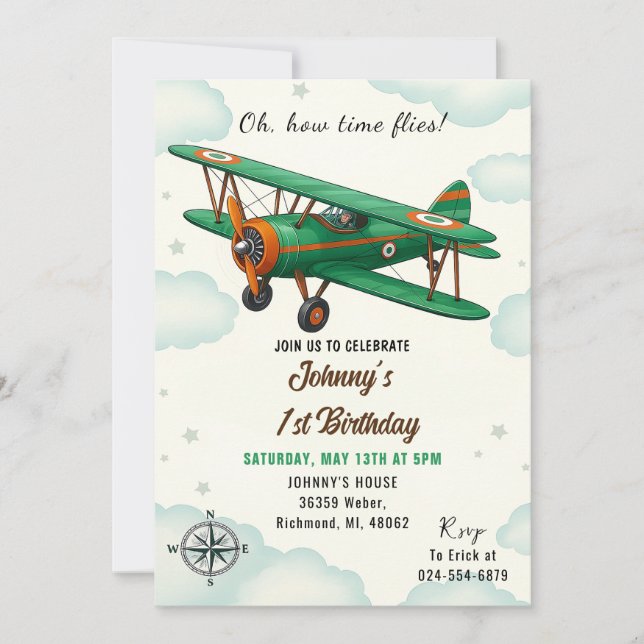 Custom Time Flies 1St Birthday party for boy Invitation (Front)