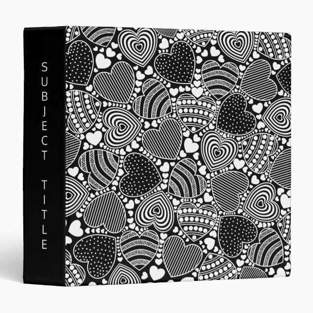 Custom Title Black Decorative Hearts Pattern 3 Ring Binder (Front/Spine)