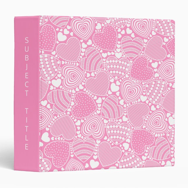 Custom Title Pink Decorative Hearts Pattern 3 Ring Binder (Front/Spine)
