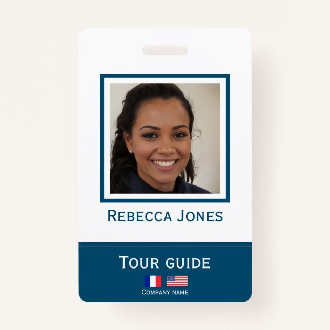 Custom tour guide photo name langage badge ID card (Front)