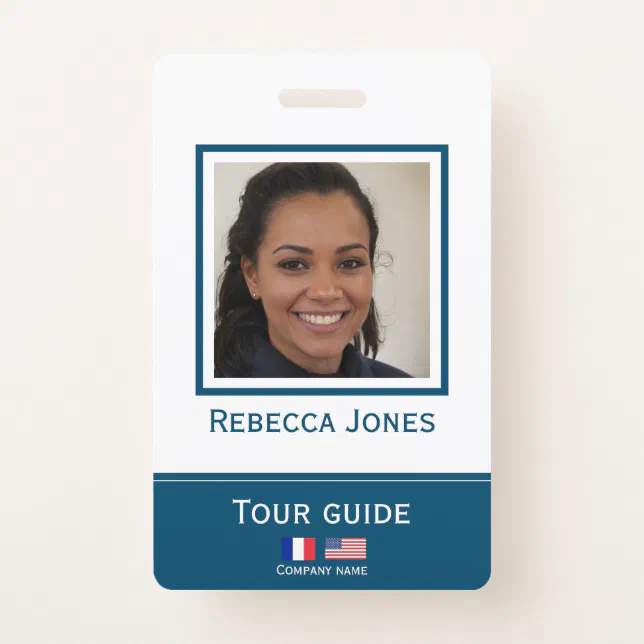 Custom tour guide photo name langage badge ID card | Zazzle