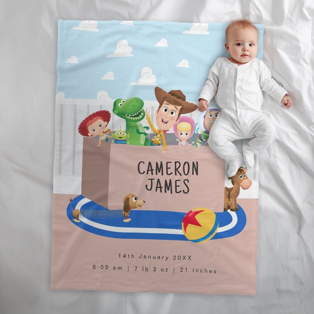 Custom Toy Story Baby Blanket Birth Stats (Blanket on simulated bed)