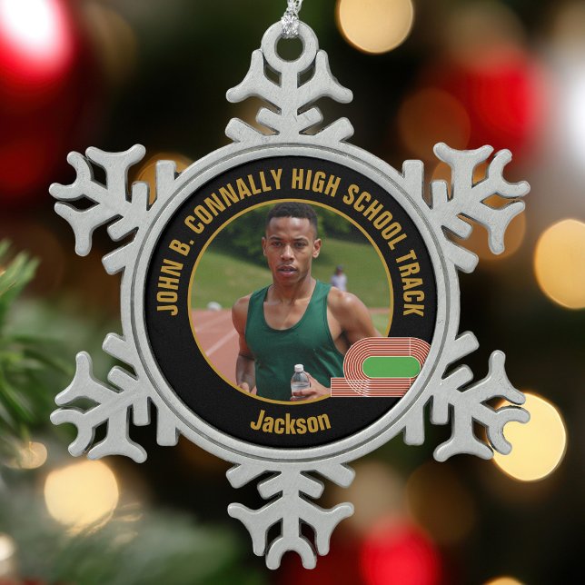 Custom Track & Field Photo High School Runner Snowflake Pewter Christmas Ornament (Creator Uploaded)