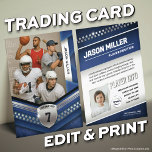 Custom Trading Card, Blue Silver Sport Template Calling Card<br><div class="desc">Score big with this custom sports trading card featuring a sleek, modern design! Perfect for young athletes, sports teams, or sports fans of any kind, this editable trading card template lets you personalize player stats, team name, and photos for a professional, collectible look. Whether it’s for football, basketball, soccer, baseball,...</div>