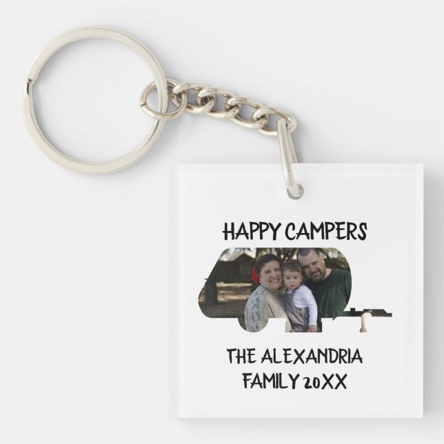 Custom trailer caravan family photo happy campers keychain (Front)