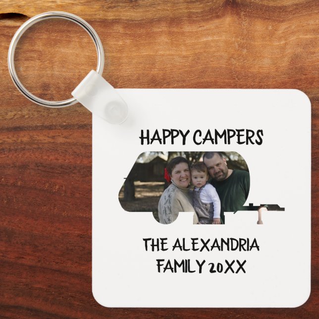 Custom trailer caravan family photo happy campers keychain (Front)