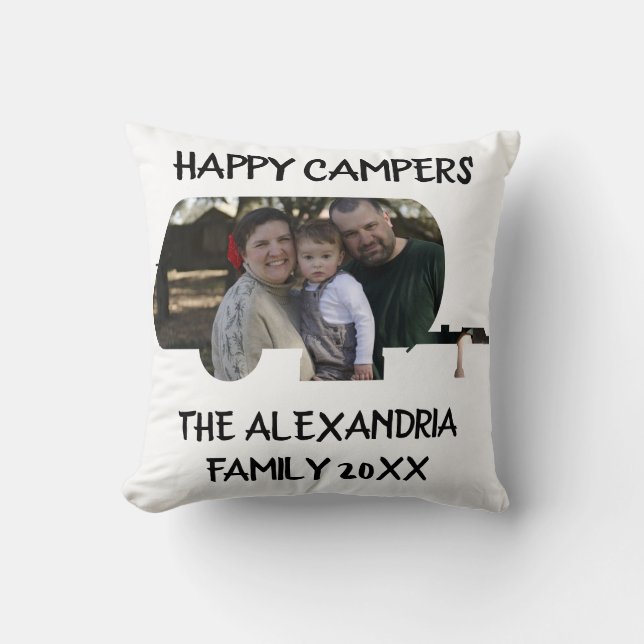 Custom trailer caravan family photo happy campers throw pillow (Front)