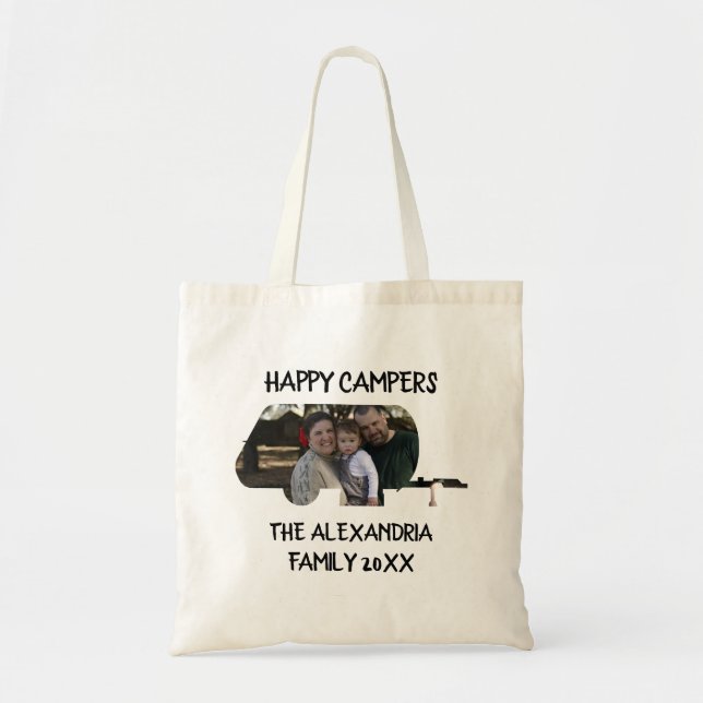 Custom trailer caravan family photo happy campers tote bag (Front)