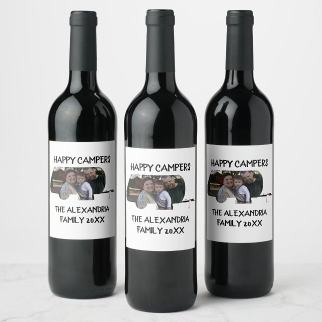 Custom trailer caravan family photo happy campers wine label (Bottles)