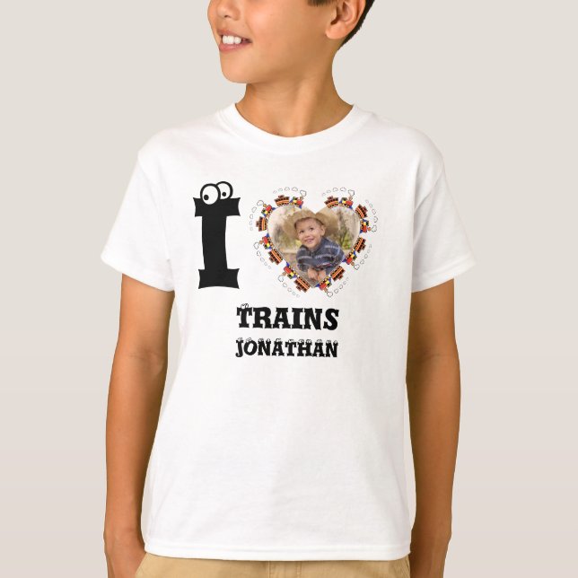 Custom train heart photo I love trains for kids T-Shirt (Front)