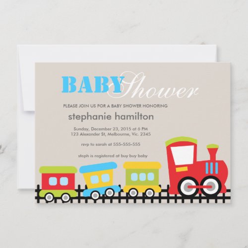 Custom transportation train baby boy shower invitation