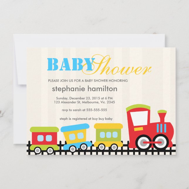 Custom transportation train baby boy shower invitation (Front)