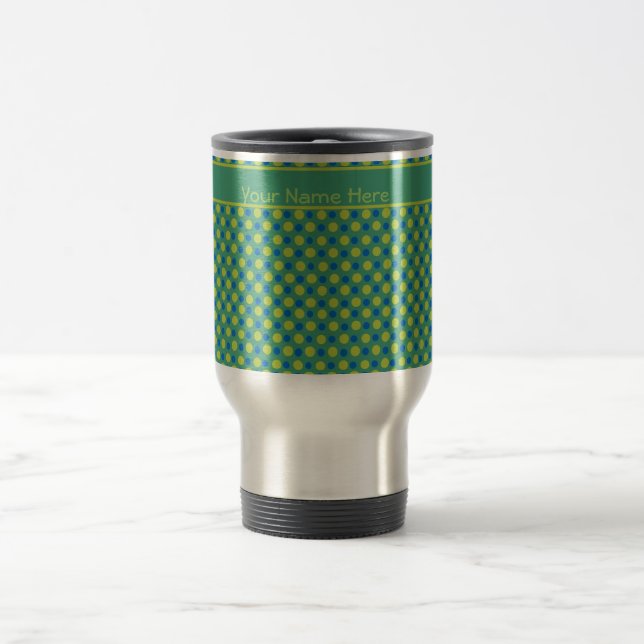Custom Travel Mug, Blue and Green Polka Dots Mug (Center)