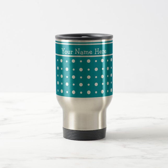 Custom Travel Mug, Polka Dots, White on Teal Travel Mug (Center)