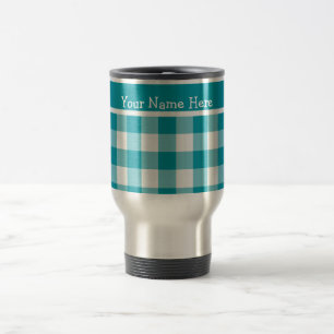 Custom Travel Mug, Teal and White Check Gingham Mug