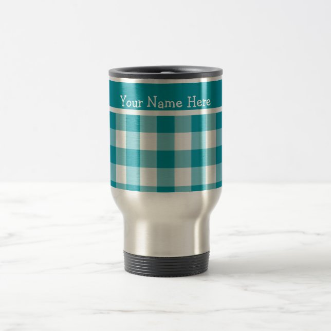 Custom Travel Mug, Teal and White Check Gingham Travel Mug (Center)