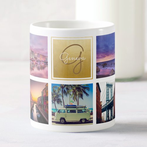 Custom Travel Photo Collage Monogram Name Gold Coffee Mug