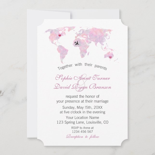 Custom Travel Wedding Watercolor World Map Invitation (Front)