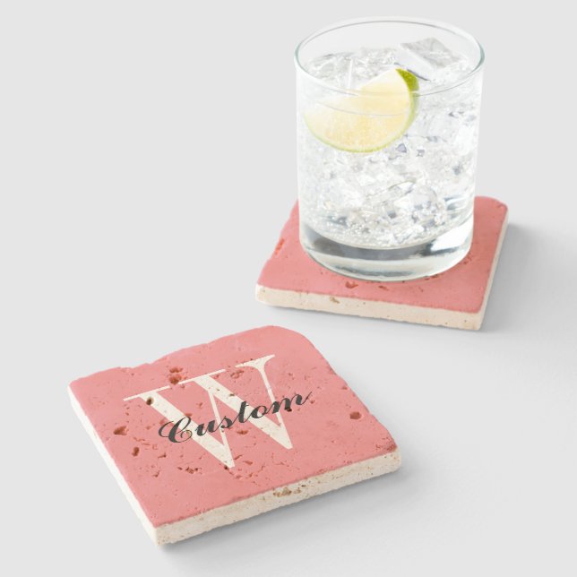 Custom travertine coasters with chic name monogram (Side)