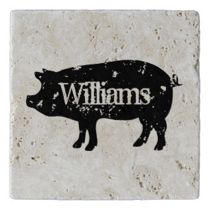 Custom travertine pot holder with pig silhouette trivet
