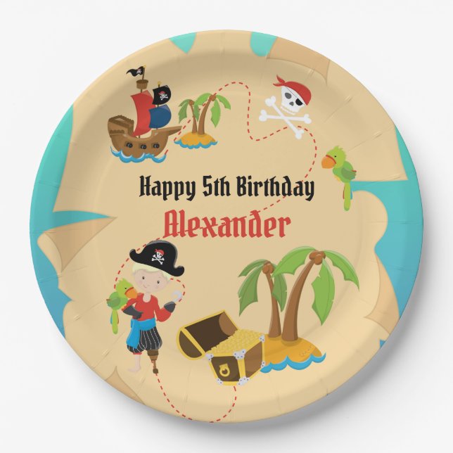 Custom Treasure Map Boy Pirate Birthday Party Paper Plates (Front)