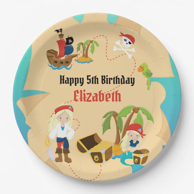 Custom Treasure Map Girl Pirate Birthday Party Paper Plates (Front)