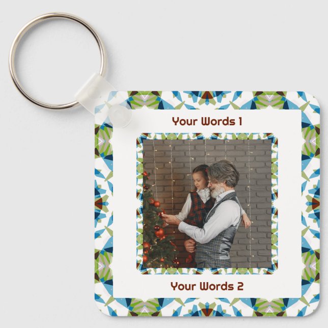 Custom Tree Green Winter Blue Christmas Photo Text Keychain (Front)