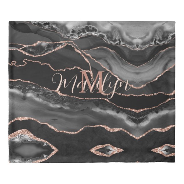 Custom Trendy Black Agate Rose Gold Glitter Duvet Cover (Front)