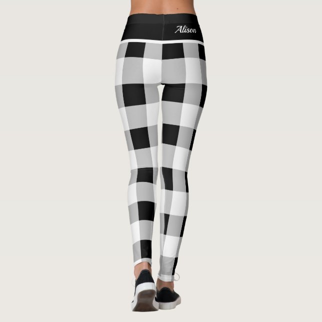 Custom Trendy Black White Grey Checkered Pattern Leggings (Back)
