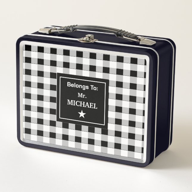  Custom Trendy Black White Grey Checkered Pattern Metal Lunch Box (Front)