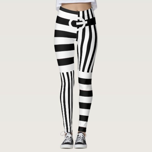 Custom Trendy Black White Stripes  Black Belt Leggings