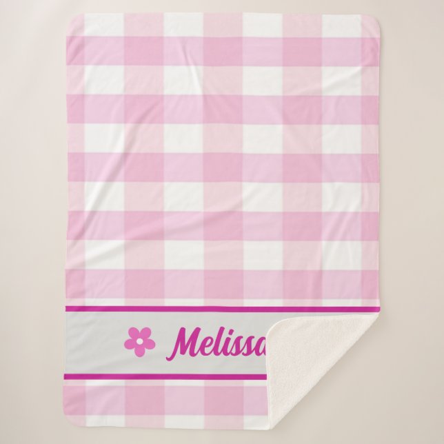 Custom Trendy Cute Pink White Checkered Pattern  Sherpa Blanket (Front)