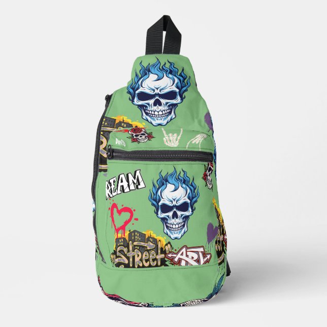 Custom trendy goth streetart trendy sage green  sling bag (Front)