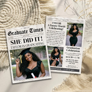 Custom Trendy Graduation Newspaper Photo  Invitation