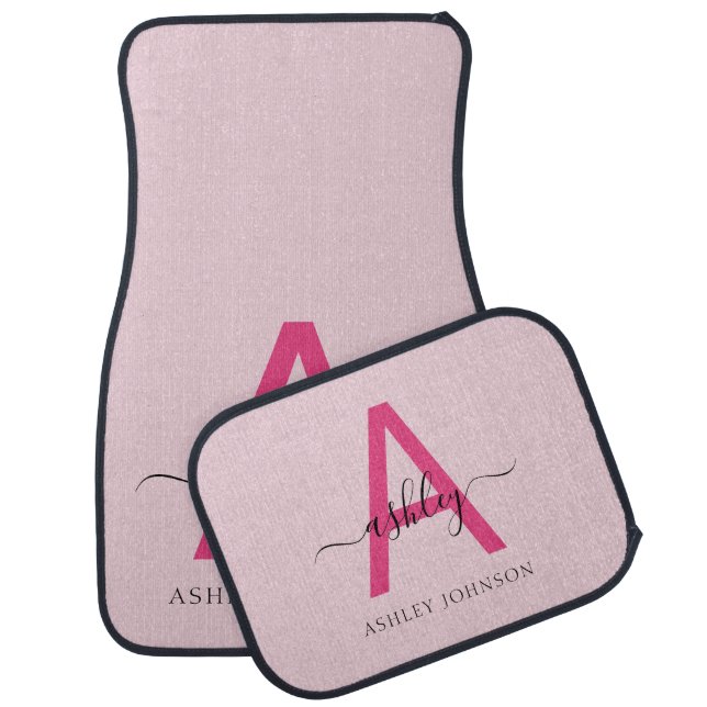 Custom Trendy Hot Pink Modern Typographic Monogram Car Floor Mat (Set)