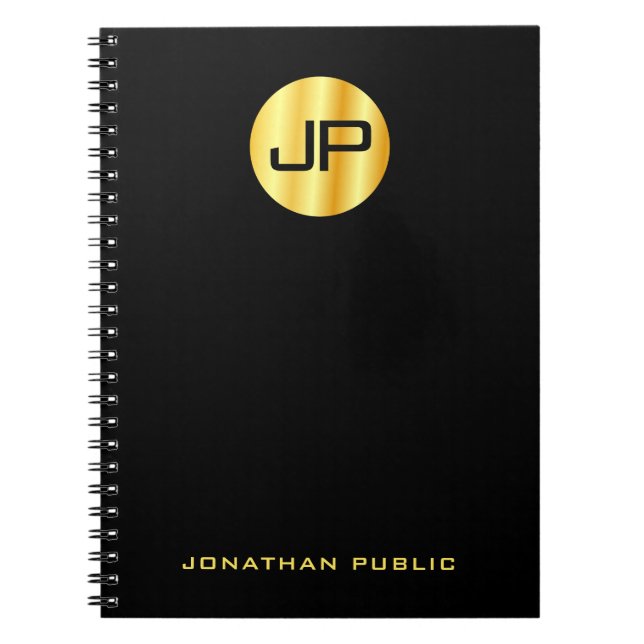 Custom Trendy Monogram Black Gold Template Notebook (Front)