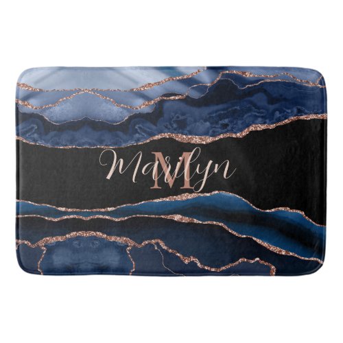 Custom Trendy Navy Blue Agate Rose Gold Glitter Bath Mat