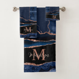 Custom Trendy Navy Blue Agate Rose Gold Glitter Bath Towel Set