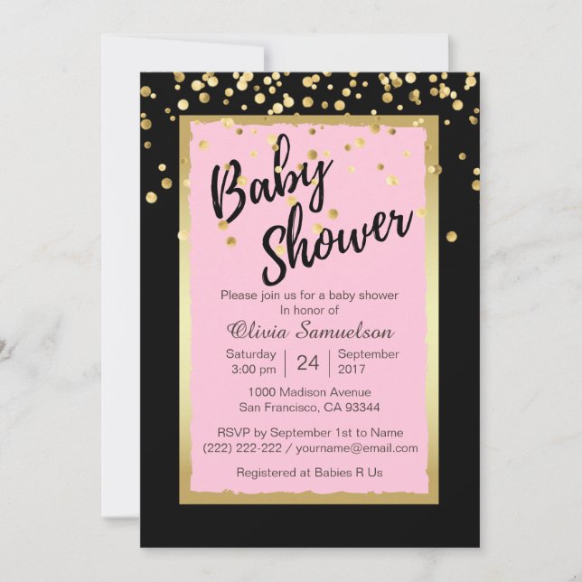 Custom Trendy Pink Black Baby Shower Invitations (Front)