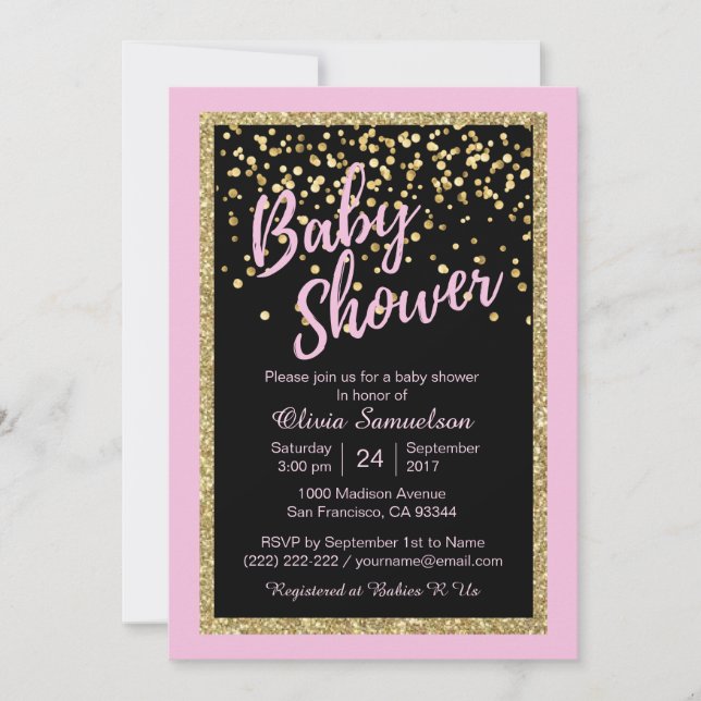 Custom Trendy Pink Black Gold Glitter Baby Shower Invitation (Front)
