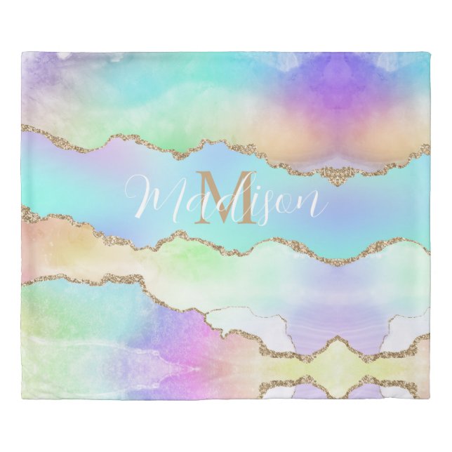 Custom Trendy Rainbow Pastel Gold Glitter Duvet Cover (Front)