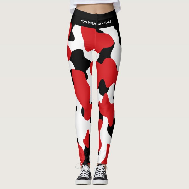 Custom Trendy Red Black Cow Print Leggings (Front)