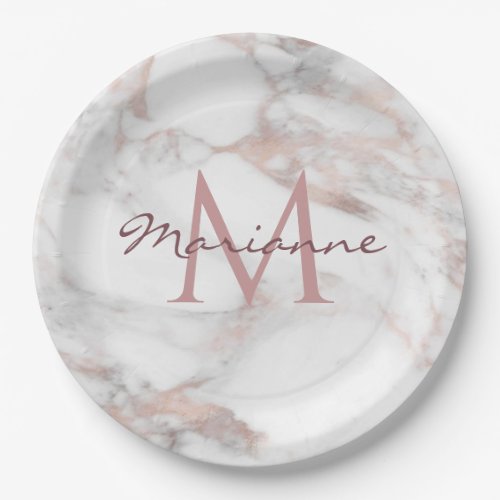 Custom Trendy Rose Gold Marble Monogram Template Paper Plates