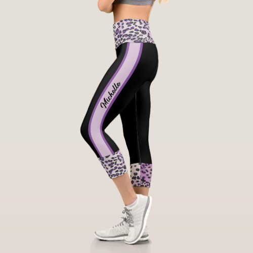 Custom Trendy Stylish Black  Purple Leopard  Capri Leggings