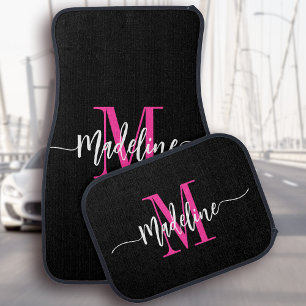 Custom Trendy Stylish Monogram Name Script Pink Car Floor Mat
