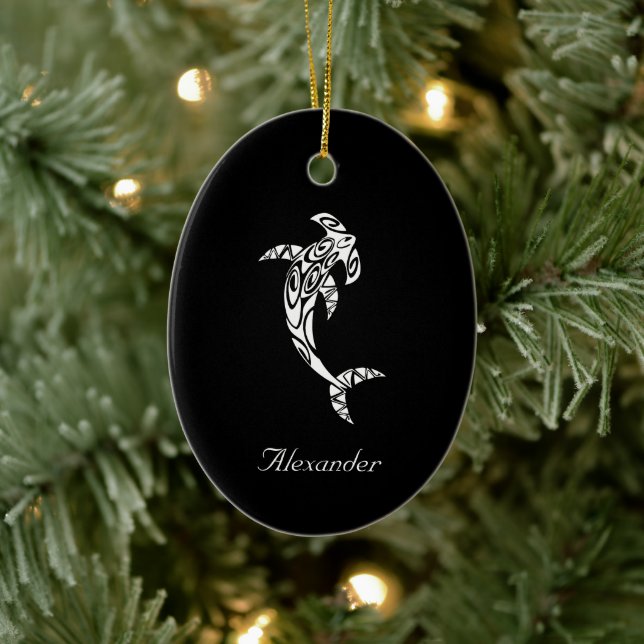 Custom Tribal Hammerhead Shark Illustration Ceramic Ornament (Tree)
