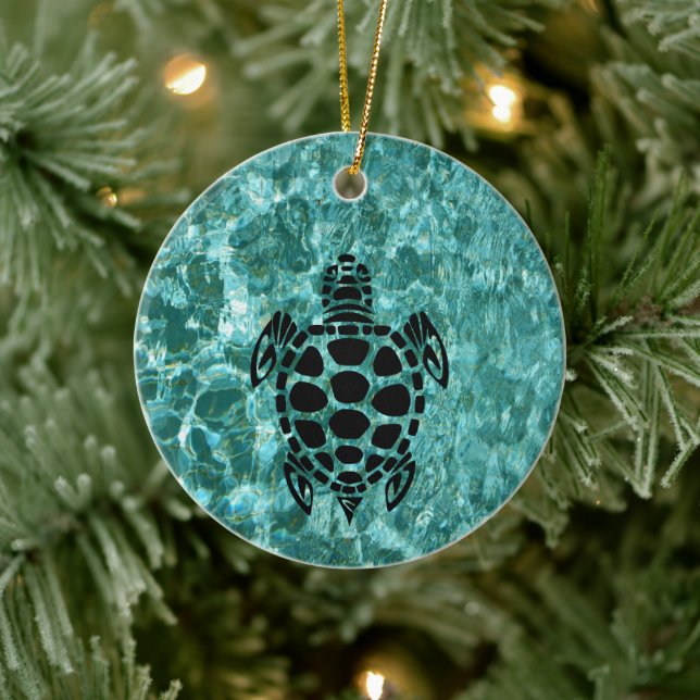 Custom Tribal Sea Turtle Aqua Blue Ceramic Ornament (Tree)