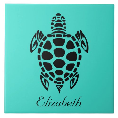Custom Tribal Sea Turtle Turquoise Ceramic Tile