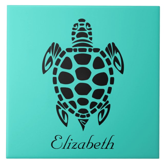 Custom Tribal Sea Turtle Turquoise Ceramic Tile (Front)
